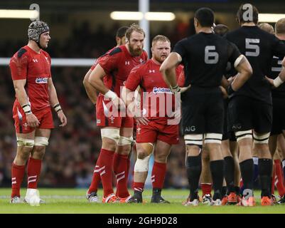 Alun Wyn Jones of Wales and Samson Lee of Wales size up the opposition during the Dove Men Series match between Wales and New Zealand at the Millennium Stadium, Cardiff, wales on 22nd November 2014. Stock Photo