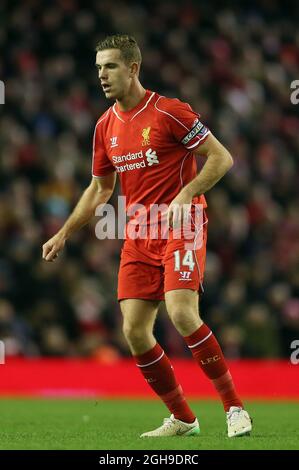 Jordan Henderson of Liverpool during the Barclays Premier League match between Liverpool and Swansea City at Anfield Stadium, England on December 29, 2014. Stock Photo