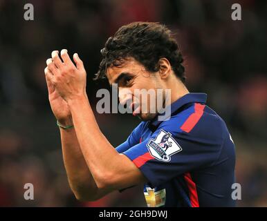 Rafael of Manchester United applauds the travelling fans during the Barclays Premier League match between Stoke City and Manchester United at the Britannia Stadium, Stoke,Trent on Jan. 1, 2015. Stock Photo