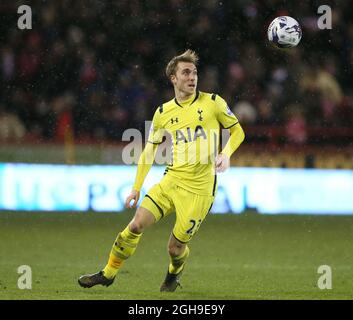 Christian Eriksen of Tottenham during the Capital One Cup Semi Final Second Leg match between Sheffield United and Tottenham at the Bramall Lane Stadium in Sheffield, England on January 28, 2015. Stock Photo