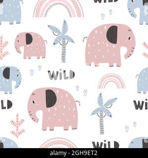 Cute elephant pattern - hand drawn childish seamless pattern design. Vector illustration Digital paper Stock Vector