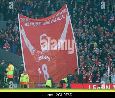 The Kop unveils a banner in celebration of Steven Gerrard of Liverpool during the Barclays Premier League match between Liverpool and Manchester United at Anfield, Liverpool, England on March 22, 2015. Picture Simon Bellis. Stock Photo