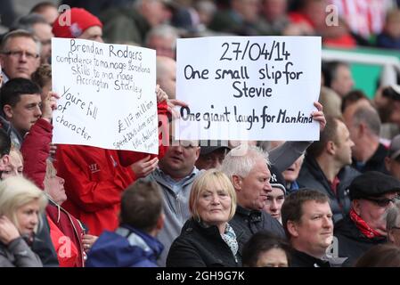 Stoke fans with banners aimed at Liverpool during the Barclays Premier League match between Stoke City and Liverpool at the Britannia Stadium, England on May 24, 2015. Pic Philip Oldham. Stock Photo