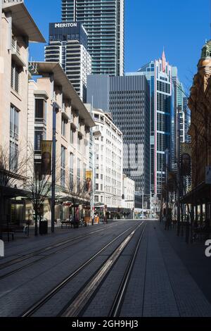 Sydney, Australia. Monday 6th September 2021. The Sydney central business district looking very deserted as the lockdown continues in Sydney due to the Delta strain of COVID-19.George Street, Sydney. Credit: Paul Lovelace/Alamy Live News Stock Photo