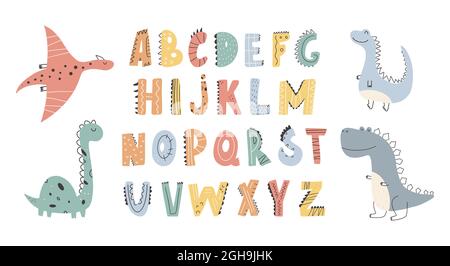 Cute Dinosaurs collection and alphabet in cartoon style. Colorful cute baby illustration is ideal for a children's room Vector illustration Design ele Stock Vector