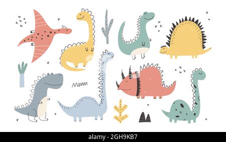 Cute Dinosaurs collection in cartoon style. Colorful cute baby illustration is ideal for a children's room Vector illustration Design element Stock Vector