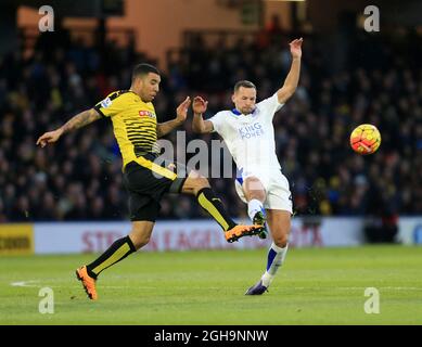 Watford's Troy Deeney tussles with Leicester City's Danny Drinkwater during the Barclays Premier League match at Vicarage Road.  Photo credit should read: David Klein/Sportimage via PA Images Stock Photo