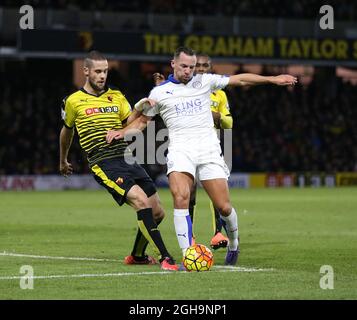 Watford's Mario Suarez tussles with Leicester City's Danny Drinkwater during the Barclays Premier League match at Vicarage Road.  Photo credit should read: David Klein/Sportimage via PA Images Stock Photo