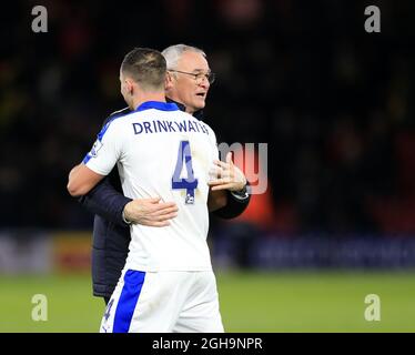 Leicester City's Claudio Ranieri celebrates at the final whistle with Danny Drinkwater during the Barclays Premier League match at Vicarage Road.  Photo credit should read: David Klein/Sportimage via PA Images Stock Photo