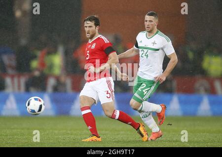 Adam Matthews of Wales and Conor Washington of Northern Ireland during the international friendly match at the Cardiff City Stadium. Photo credit should read: Philip Oldham/Sportimage via PA Images Stock Photo