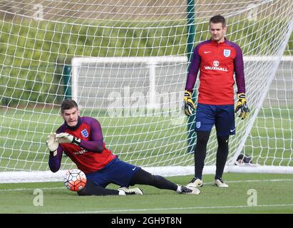 England's Fraser Forster and Tom Heaton in action during training at the Tottenham Hotspur Training Centre.  Photo credit should read: David Klein/Sportimage via PA Images  Stock Photo