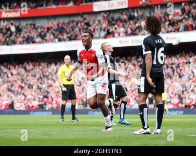 Arsenal's Alex Iwobi celebrates scoring his sides second goal during the Premier League match at Emirates Stadium.  Photo credit should read: David Klein/Sportimage Stock Photo