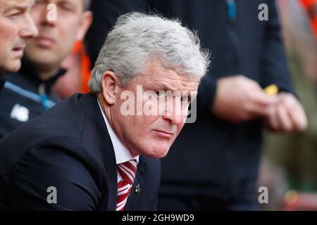 Stoke's manager, Mark Hughes during the Barclays Premier League match at Anfield. Photo credit should read: Philip Oldham/Sportimage via PA Images Stock Photo