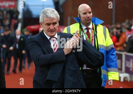 Stoke's manager, Mark Hughes during the Barclays Premier League match at the Britannia Stadium. Photo credit should read: Philip Oldham/Sportimage via PA Images Stock Photo