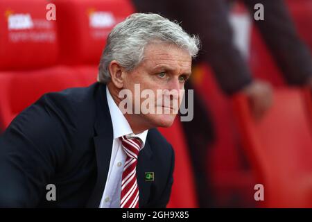 Stoke's manager, Mark Hughes during the Barclays Premier League match at the Britannia Stadium. Photo credit should read: Philip Oldham/Sportimage via PA Images Stock Photo
