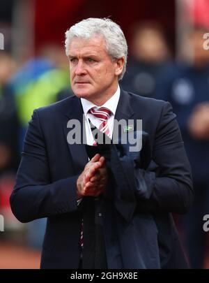 Stoke's manager, Mark Hughes during the Barclays Premier League match at the Britannia Stadium. Photo credit should read: Philip Oldham/Sportimage via PA Images Stock Photo