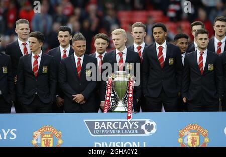 Manchester Utd U21 squads with the division one trophy during the Barclays Premier League match at Old Trafford Manchester. Photo credit should read: Simon Bellis/Sportimage via PA Images 