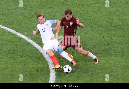 England's Eric Dier tackles Russia's Aleksandr Kokorin during the UEFA European Championship 2016 match at the Stade Velodrome, Marseille. Picture date June 11th, 2016 Pic David Klein/Sportimage via PA Images Stock Photo