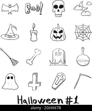 hand drawn halloween mystical holiday icon set in doodle style isolated. Stock Vector