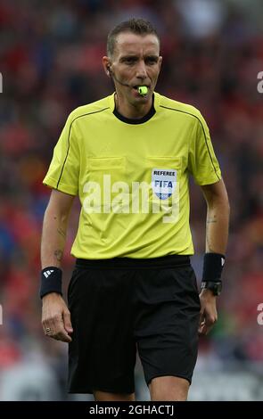 Referee Paolo Mazzoleni from Italy during the World Cup Qualifier match at Cardiff City Stadium, Cardiff. Picture date: October 9th, 2016. Pic Simon Bellis/Sportimage via PA Images Stock Photo