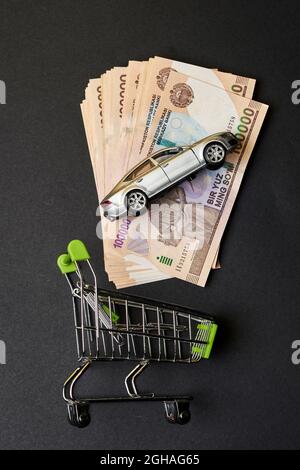 Buy auto insurance in Uzbekistan. Shopping cart, Uzbek sums and car toy. Concept of auto vehicle insuarance in Uzbekistan. Pile of 100000 sums and Stock Photo