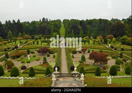 A view across the stunning formal garden in the grounds of Drummond Castle near Crieff, Scotland Stock Photo