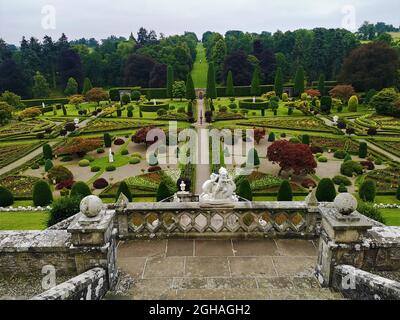 A view across the stunning formal garden in the grounds of Drummond Castle near Crieff, Scotland Stock Photo
