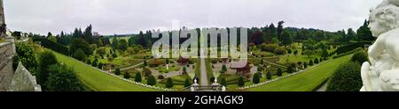 A view across the stunning formal garden in the grounds of Drummond Castle near Crieff, Scotland Stock Photo