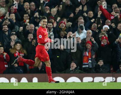 Liverpool's Roberto Firmino celebrates scoring his sides second goal during the Premier League match at Anfield Stadium, Liverpool. Picture date December 27th, 2016 Pic David Klein/Sportimage via PA Images Stock Photo