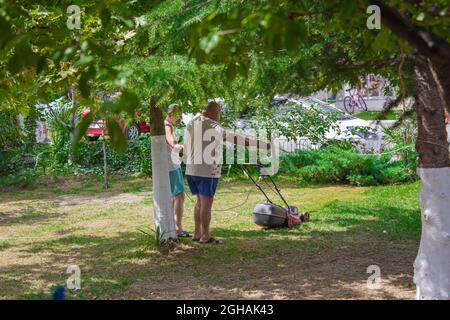 Man teaching how to mow the grass. Elderly man getting educated by his son. Stock Photo