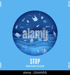 World Ocean Day, stop ocean plastic pollution banner. View of the underwater world through the porthole of a submarine in paper cut style. Vector Stock Vector