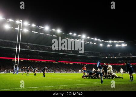 England and France pack down for a scrum on the five meter line during the 2017 RBS 6 Nations match at Twickenham Stadium, London. Picture date: February 4th, 2017. Pic Charlie Forgham-Bailey/Sportimage via PA Images Stock Photo