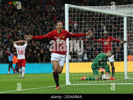 Zlatan Ibrahimovic of Manchester United celebrates scoring the winning goal during the English Football League Cup Final  match at the Wembley Stadium, London. Picture date: February 26th, 2017.Pic credit should read: David Klein/Sportimage via PA Images Stock Photo