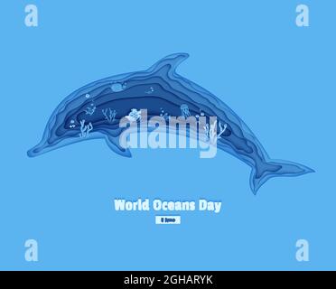 Silhouette of a dolphin cut out of paper. Papercut butterflyfish, jellyfish, moonfish, turtle. Craft underwater ocean cave with fishes, coral reef Stock Vector