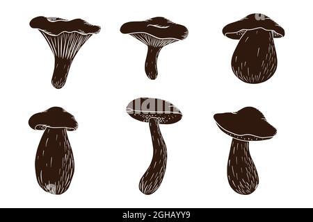 Forest Mushroom Silhouette Set. Edible mushrooms Collection. White mushroom, russula, boletus, chanterelle. Vector illustration for logo, menu, print, sticker, design and decoration. Premium Vector Stock Vector