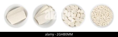 Soy Bean curd tofu in clay bowl and in hemp sack on white wooden