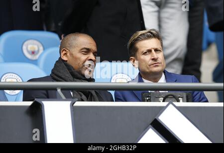 Former player Mark Bright with Crystal Palace owner Steve Parish during the English Premier League match at the Etihad Stadium, Manchester. Picture date: May 6th 2017. Pic credit should read: Simon Bellis/Sportimage via PA Images Stock Photo