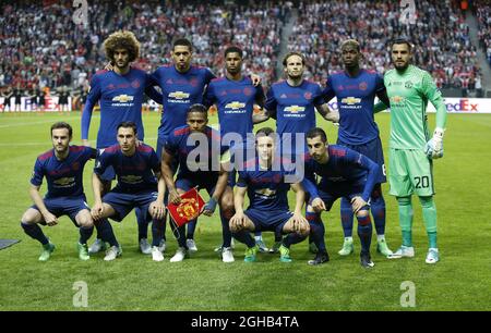 Manchester United team group back row from left: Mauroane Fellaini, Chris Smalling, Marcus Rashford, Daley Blind, Paul Pogba and Sergio Romero. Front row: Juan Mata, Matteo Darmian, Luis Antonio Valencia, Ander Herrera and Henrikh Mkhitaryan of Manchester United during the UEFA Europa League Final match at the Friends Arena, Stockholm. Picture date: May 24th, 2017.Picture credit should read: Matt McNulty/Sportimage via PA Images Stock Photo