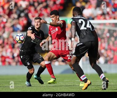 Liverpool's Dominic Solanke tussles with Crystal Palace's Joel Ward during the premier league match at the Anfield Stadium, Liverpool. Picture date 19th August 2017. Picture credit should read: David Klein/Sportimage via PA Images Stock Photo