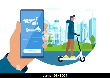 Electric scooter sharing mobile app with riding guy. Eco transport online rental service application advertising banner. Human hand holding smartphone on modern city background. Vector illustration Stock Vector