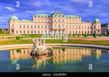 Vienna, Austria. Upper Belvedere Palace with reflection in the water fountain. Stock Photo