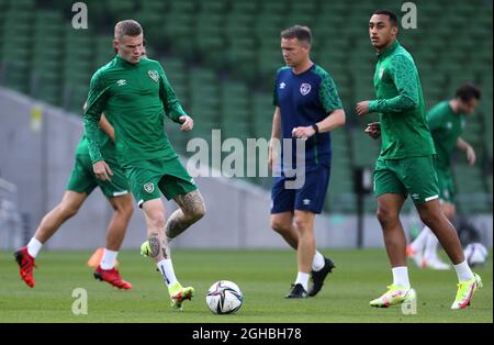 Republic of Ireland's James McClean and Adam Idah (right)during a training session at The Aviva Stadium, Dublin. Picture date: Monday September 6, 2021. Stock Photo