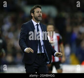 Thomas Christiansen manager of of Leeds United during the Championship match at Elland Road Stadium, Leeds. Picture date 27th October 2017. Picture credit should read: Simon Bellis/Sportimage via PA Images Stock Photo