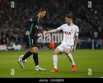 Tottenham's Ben Davies tussles with Real Madrid's  Cristiano Ronaldo during the Champions League Group H match at Wembley Stadium, London. Picture date: November 1st 2017. Picture credit should read: Andrew Yates/Sportimage via PA Images Stock Photo