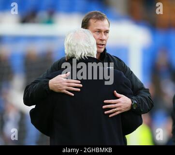 Coach Duncan Ferguson gives Everton chairman Bill Kenwright a hug during the premier league match at the Goodison Park Stadium, Liverpool. Picture date 2nd December 2017. Picture credit should read: Simon Bellis/Sportimage via PA Images Stock Photo