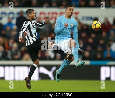 DeAndre Yedlin of Newcastle United tackles Danilo of Manchester City during the premier league match at St James' Stadium, Newcastle. Picture date 27th December 2017. Picture credit should read: Simon Bellis/Sportimage via PA Images Stock Photo