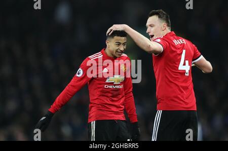 Jesse Lingard of Manchester United celebrates with Phil Jones of Manchester United during the English Premier League match at Goodison Park, Liverpool. Picture date: January 1st, 2018. Photo credit should read: Lynne Cameron/Sportimage via PA Images Stock Photo