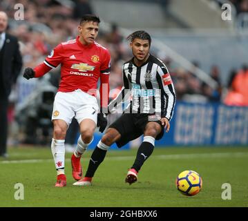 Alexis Sanchez of Manchester United and DeAndre Yedlin of Newcastle United during the premier league match at the St James' Park Stadium, Newcastle. Picture date 11th February 2018. Picture credit should read: Simon Bellis/Sportimage via PA Images Stock Photo