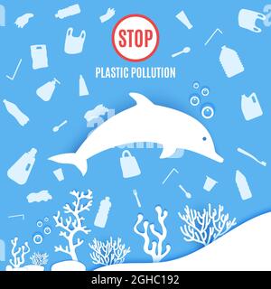 Dolphin under sea plastic trash floats around in paper cut style. Poster design template stop ocean plastic pollution. Vector ecological concept Stock Vector