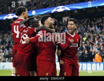 Liverpool's Roberto Firmino celebrates scoring his sides second goal during the Champions League Quarter Final 2nd Leg match at the Etihad Stadium, Manchester. Picture date: 10th April 2018. Picture credit should read: David Klein/Sportimage via PA Images Stock Photo